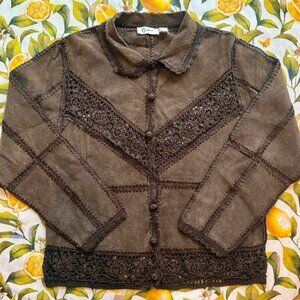 VTG Y2K 'Carducci' 100% suede PATCHWORK shacket w/ intricate CROCHET lace detail